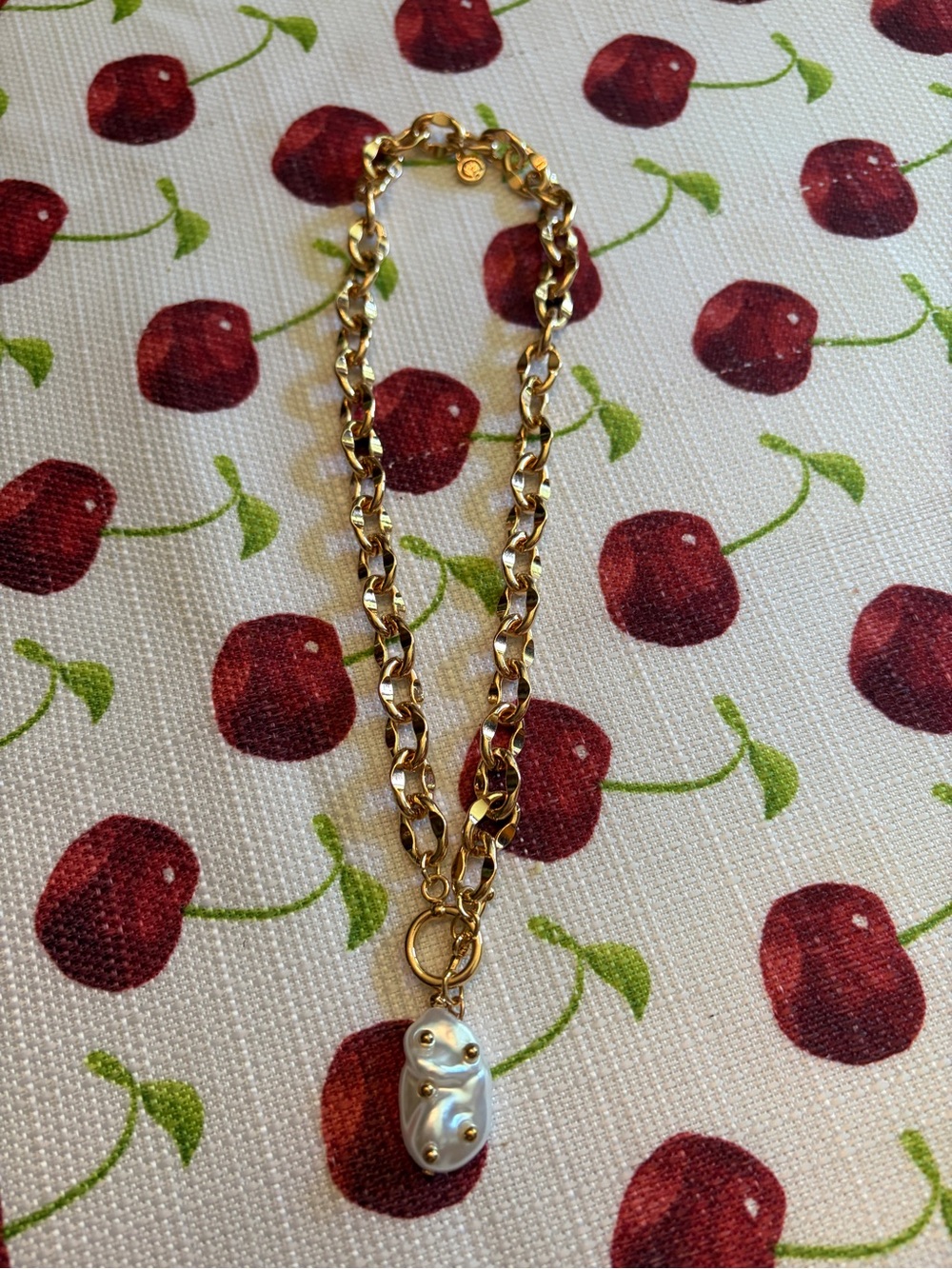 Gold Toggle Chain Necklace with White Pearl Charm